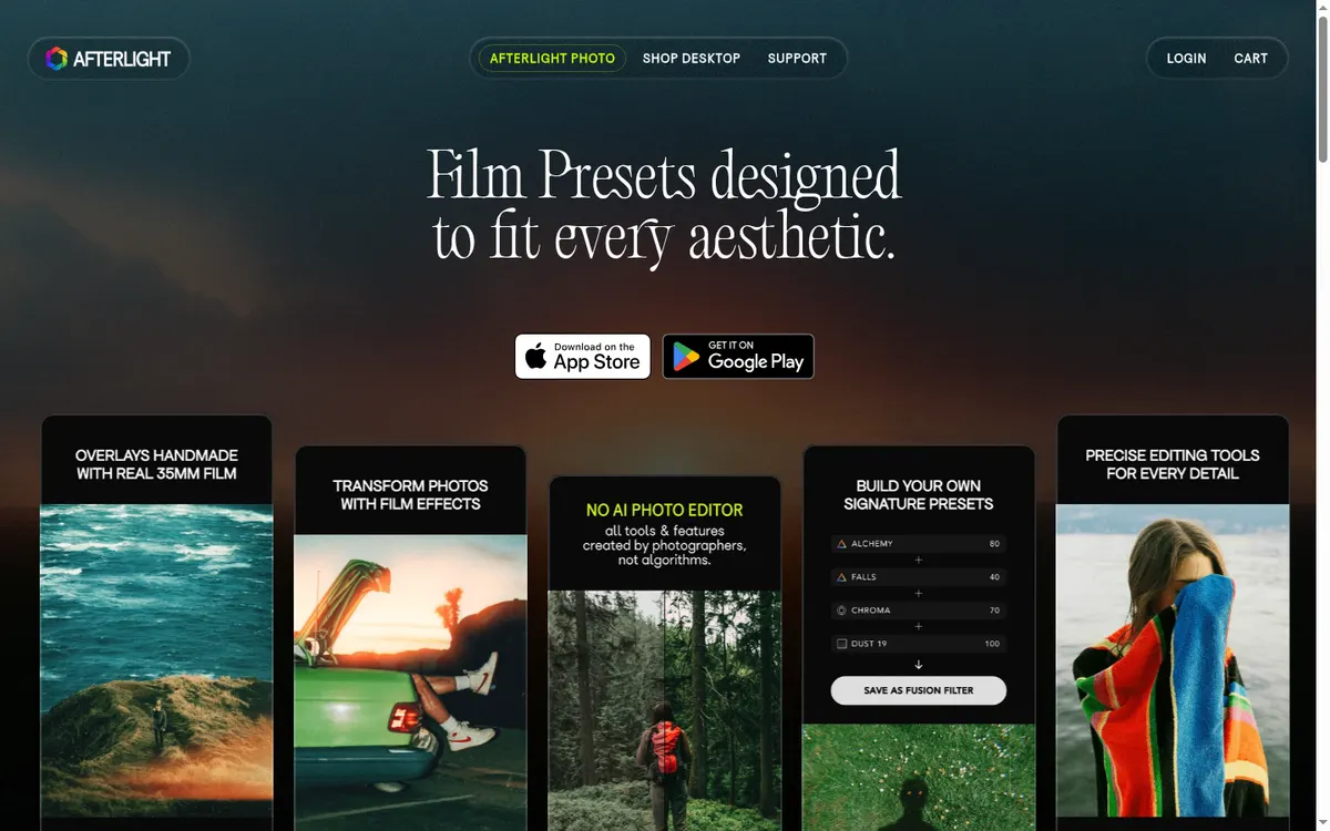 Screenshot of the official product page for Afterlight