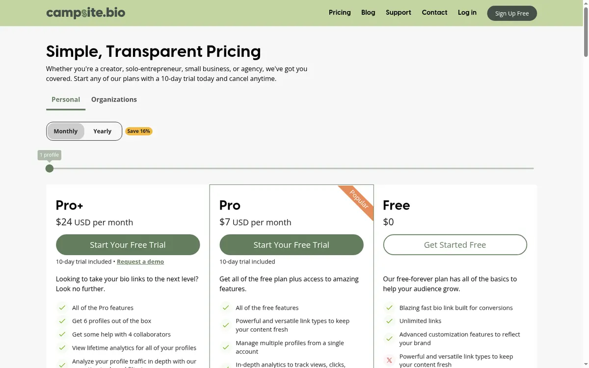 Screenshot of the official product page for Campsite.bio
