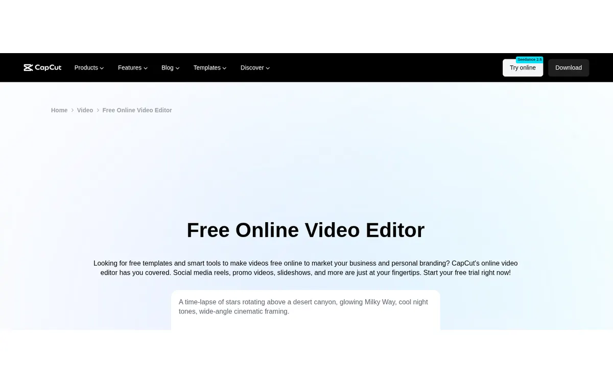 Screenshot of the official product page for CapCut