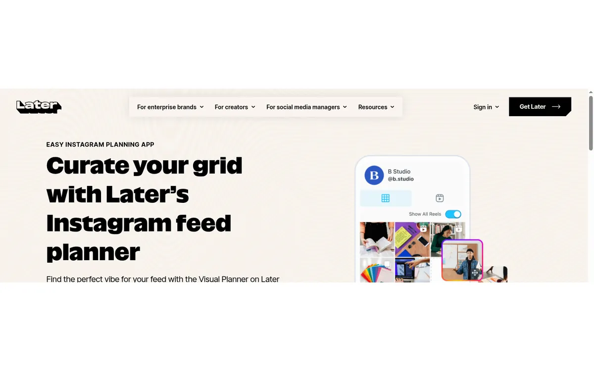 Screenshot of the official product page for Later