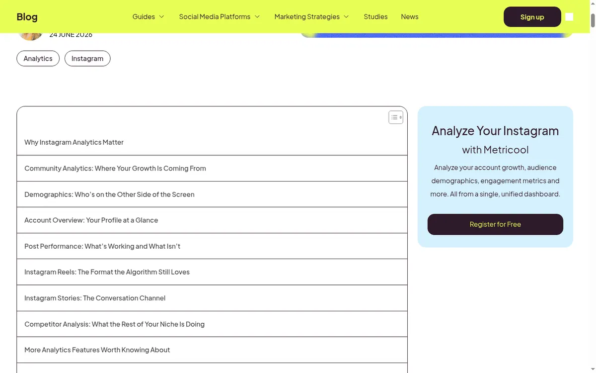 Screenshot of the official product page for Metricool