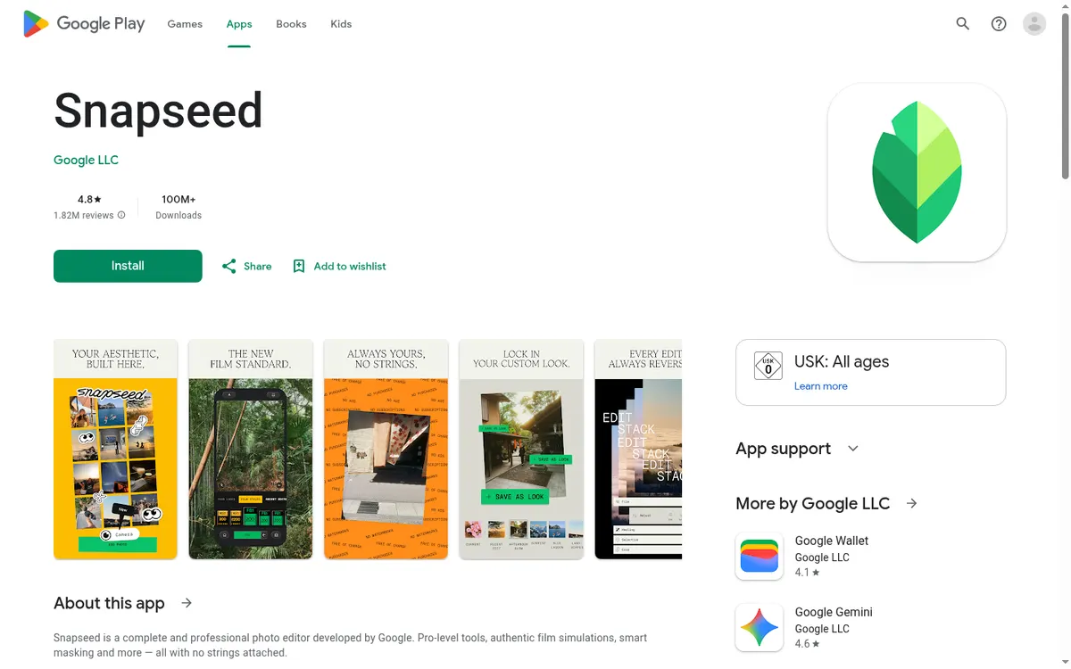 Screenshot of Snapseed's official Google Play listing and app preview images